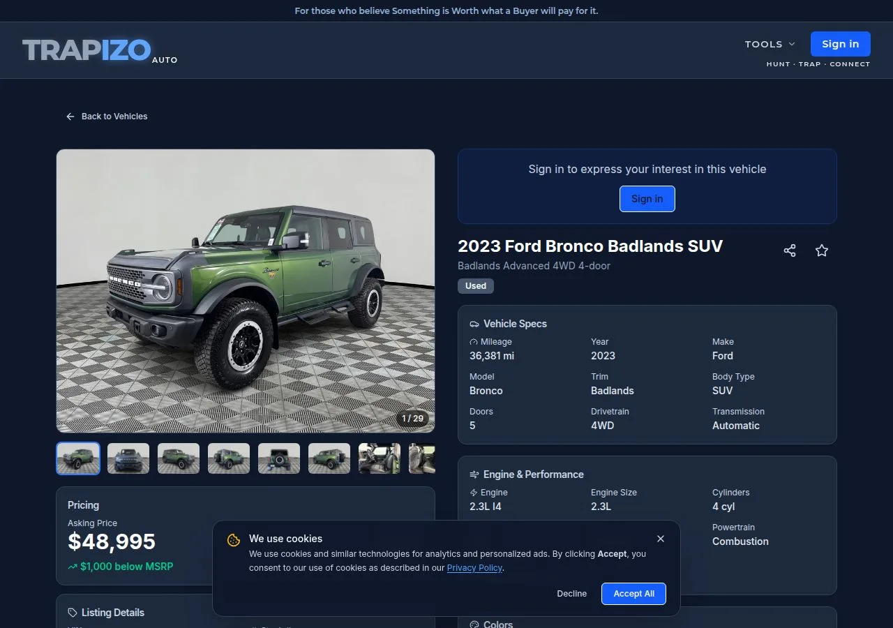 TRAPIZO vehicle detail page showing a 2023 Ford Bronco Badlands with asking price, specs, and the offer panel