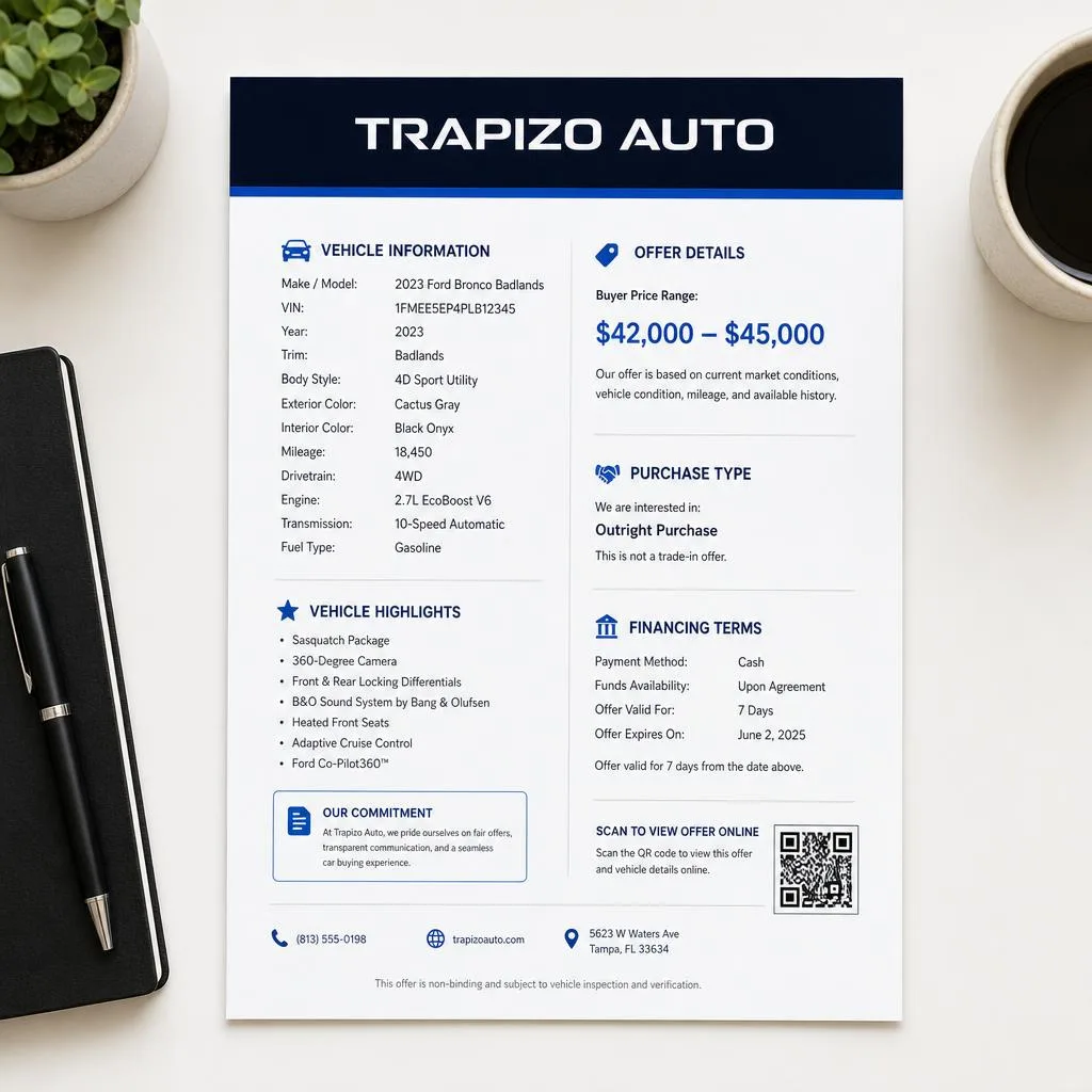 TRAPIZO VIN offer PDF showing the branded offer document with vehicle details, price range, and QR code